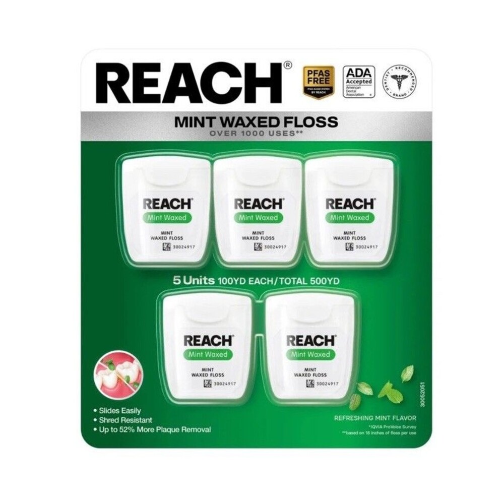 REACH Mint Waxed Dental Floss 5 Pack 500 Yards Total 100 yd Each